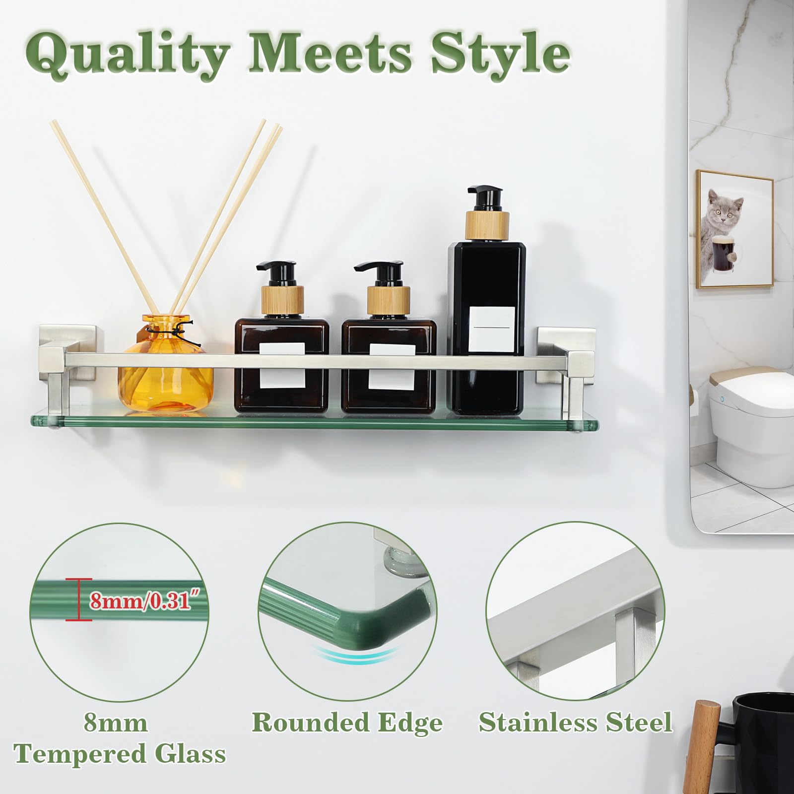 Alise Glass Bathroom Shelf, Brushed Nickel Tempered Glass Shelves For Bathroom, Stainless Steel Modern Bathroom Floating Shelves